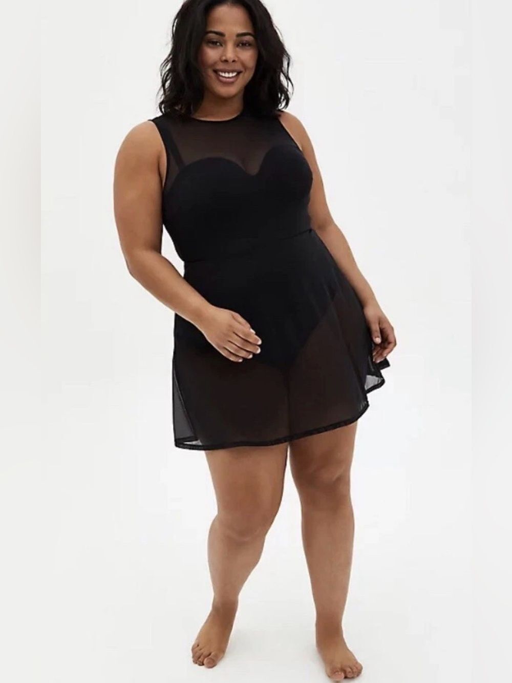 Torrid plus UNDERWIRE ONE-PIECE PEPLUM LONG SWIM DRESS - MESH BLACK swimsuit